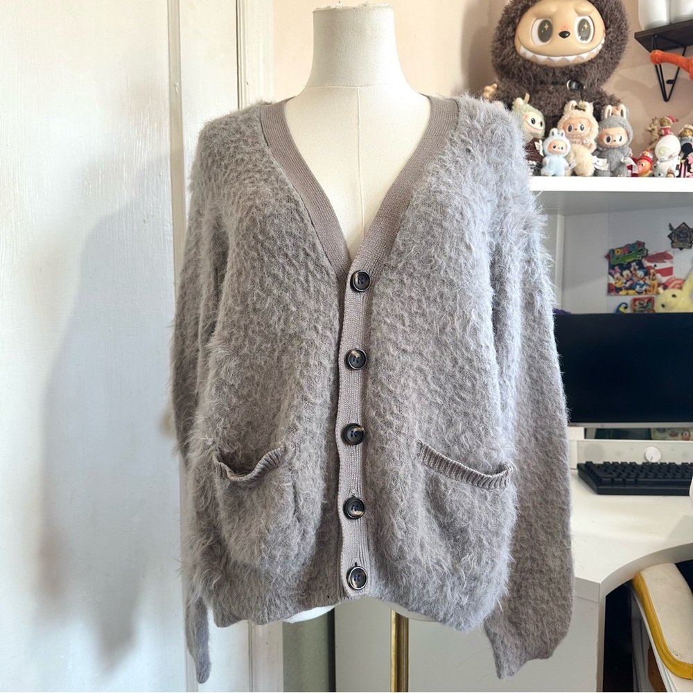 Urban Outfitters fuzzy grey button down cardigan with front pockets cottagecore